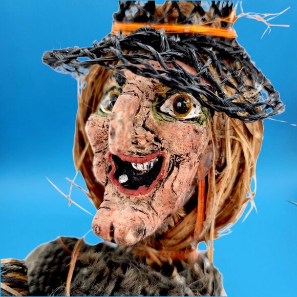 Wicked Witch Broom Stick Paper Mache Style Decor Raffia Primitive Halloween 34" - Picture 4 of 14